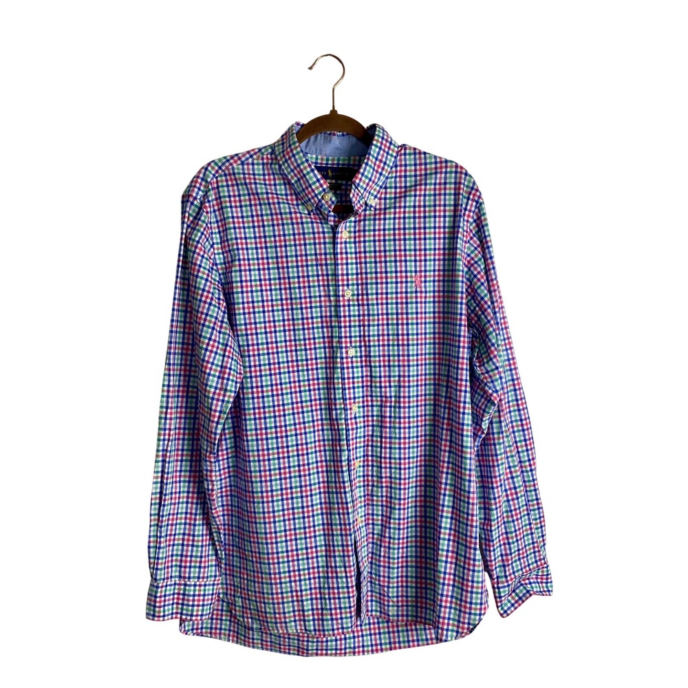 Ralph Lauren Mens Large Plaid Button Down Shirt Pink Pony Rainbow Gingham Prep